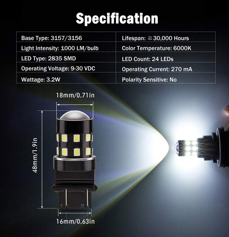BRISHINE 4-Pack Super Bright 3157 3156 3057 3056 3157K LED Bulbs 6000K Xenon White 24-SMD LED Chipsets with Projector for Backup Reverse Lights, Parking Lights, Daytime Running Lights - Image 2